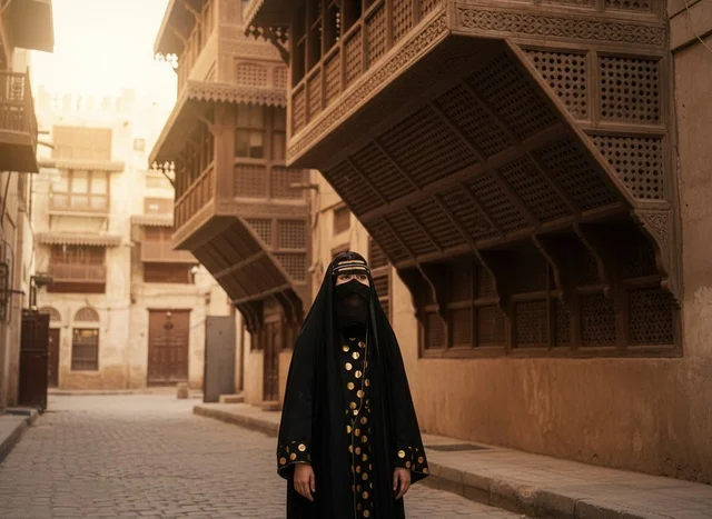 امرأة سعودية باللباس التقليدي في منطقة البلد بجدة