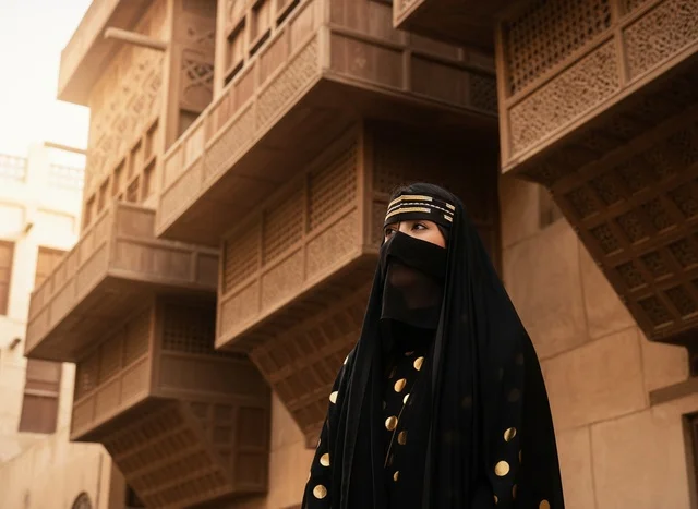 Saudi Woman in Traditional Abaya at Historic Al-Balad