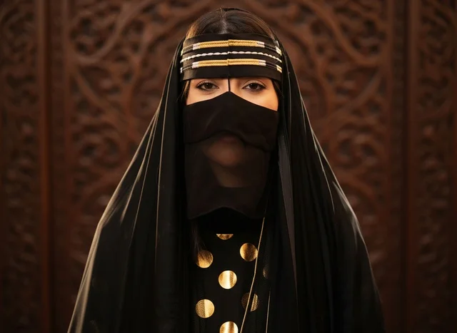 Saudi Woman in Traditional Najdi Niqab and Gold Headpiece