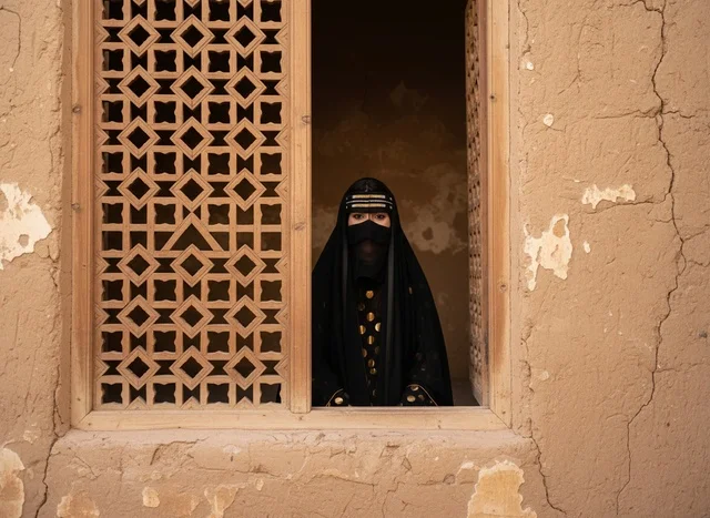 Saudi Woman in Traditional Dress at Old Clay House