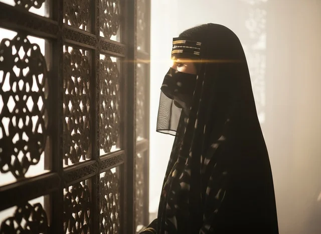 امرأة إماراتية بالعباءة والبرقع أمام مشربية خشبية