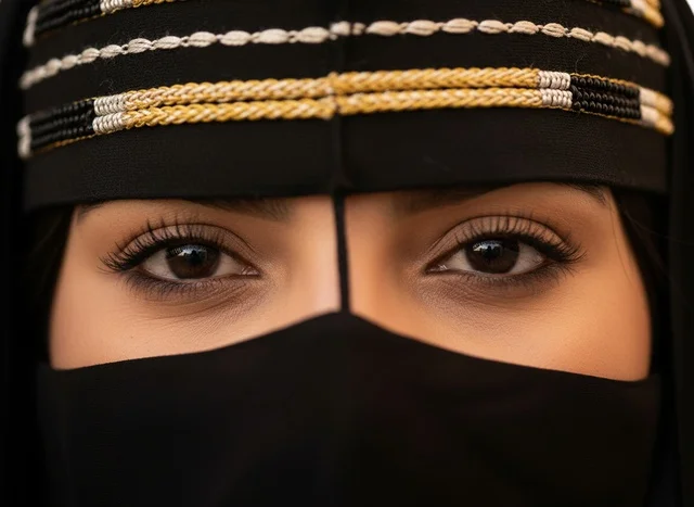 امرأة سعودية بالنقاب التقليدي لقطة قريبة للعيون