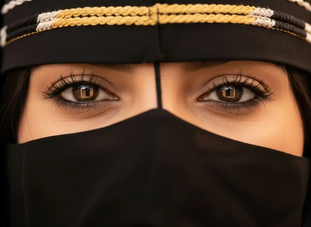امرأة عربية بالنقاب التقليدي لقطة قريبة للعيون