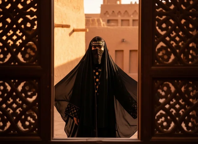 امرأة إماراتية باللباس التقليدي في موقع تراثي