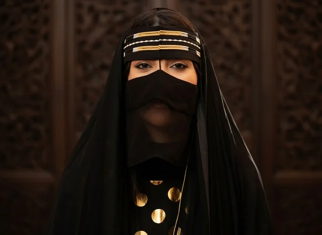 Saudi Woman in Traditional Niqab and Gold Headband