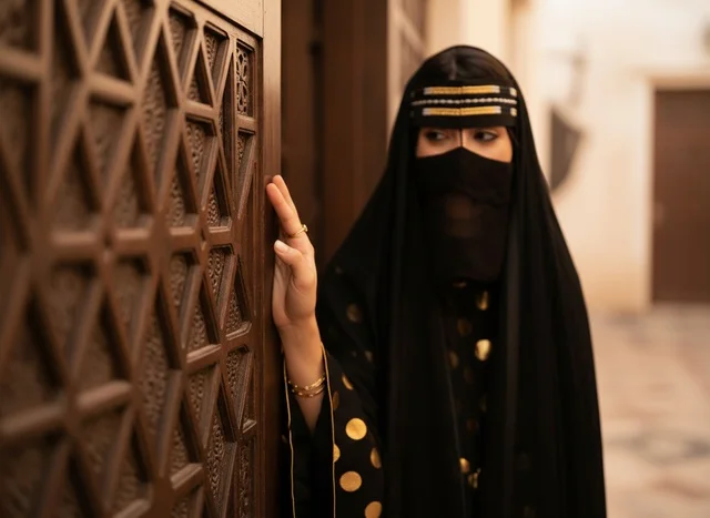 Saudi Woman in Traditional Niqab by Carved Heritage Door