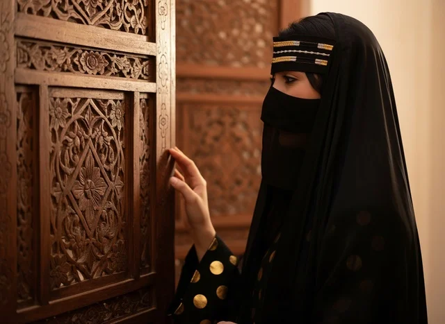 Saudi Woman in Niqab by Carved Wooden Door