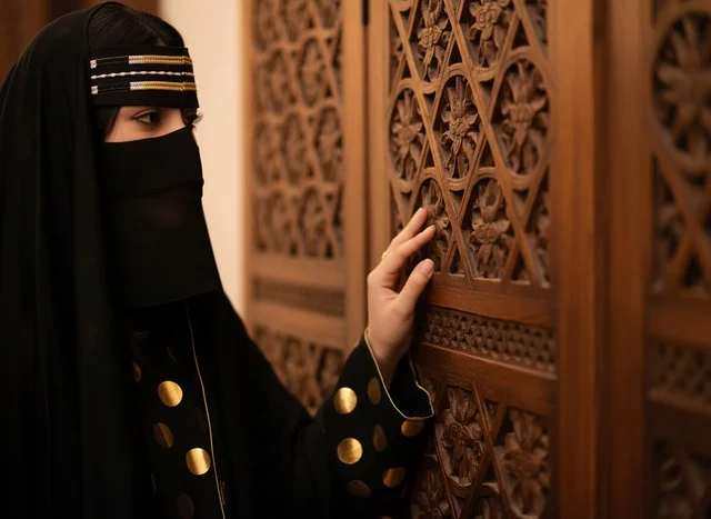 امرأة إماراتية بالنقاب التقليدي بجانب خشب مزخرف