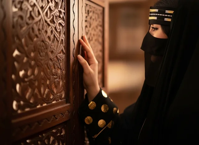 Emirati Woman in Niqab Touching Carved Wood
