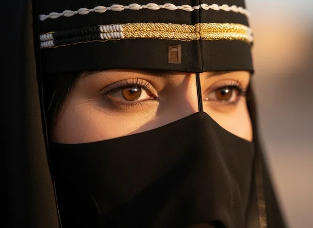 Saudi Woman in Niqab Close-up at Sunset