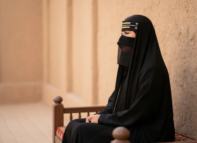 امرأة إماراتية بالعباءة والبرقع التقليدي في موقع تراثي