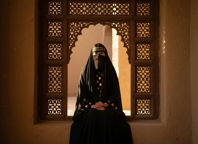 امرأة سعودية باللباس التقليدي في موقع تراثي
