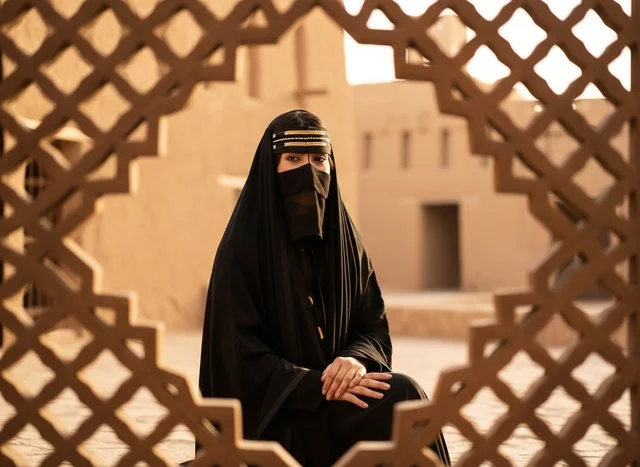 امرأة إماراتية بالعباءة والبرقع التقليدي في موقع تراثي