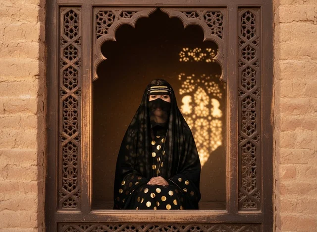 Saudi Woman in Traditional Dress by Heritage Window