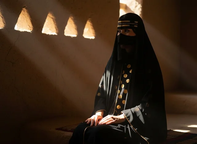 Saudi Woman in Traditional Abaya inside Heritage Mud House