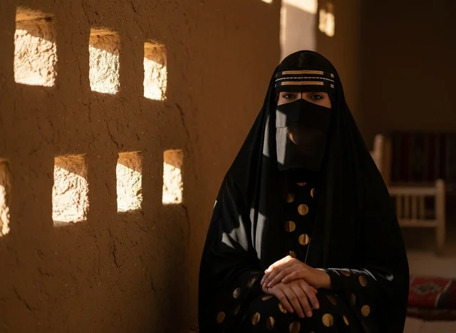 امرأة سعودية بالبرقع التقليدي داخل بيت طيني تراثي