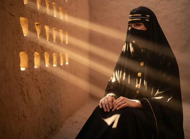 Emirati Woman in Traditional Abaya and Burqa with Sunbeams