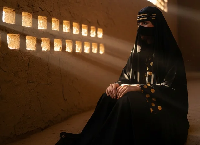 امرأة سعودية باللباس التقليدي داخل مبنى طيني تراثي