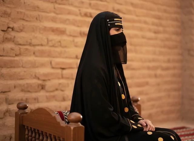امرأة سعودية بالعباءة والبرقع التقليدي في موقع تراثي