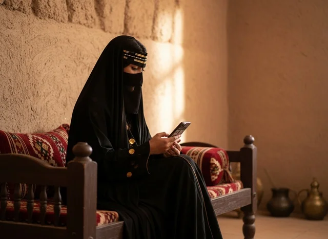 امرأة سعودية بالبرقع التقليدي تستخدم الهاتف الذكي