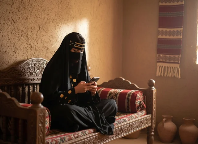 امرأة إماراتية بالزي التقليدي تستخدم الهاتف الذكي بالداخل