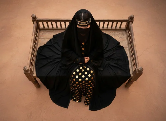 Saudi Woman in Traditional Abaya and Niqab Top View