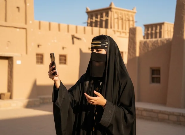 Emirati Woman in Abaya Using Phone at Heritage Site