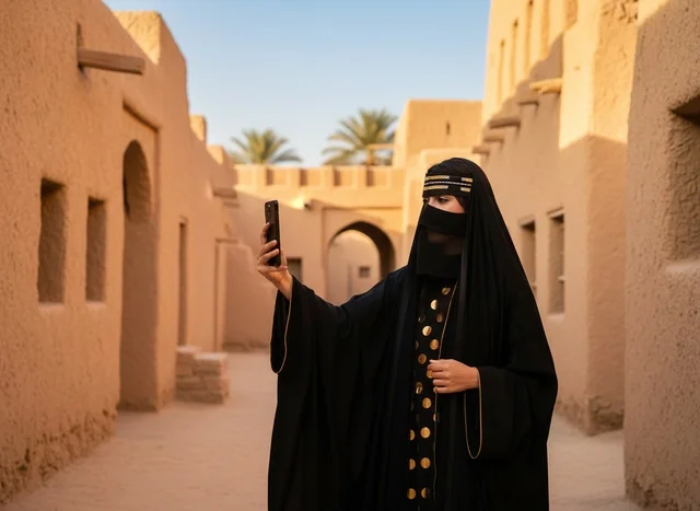 امرأة إماراتية بالزي التقليدي تلتقط سيلفي في قرية تراثية
