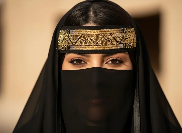 Saudi Woman in Traditional Niqab and Gold Embroidery