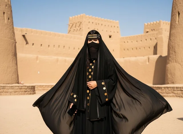 Saudi Woman in Traditional Abaya at Historical Fort