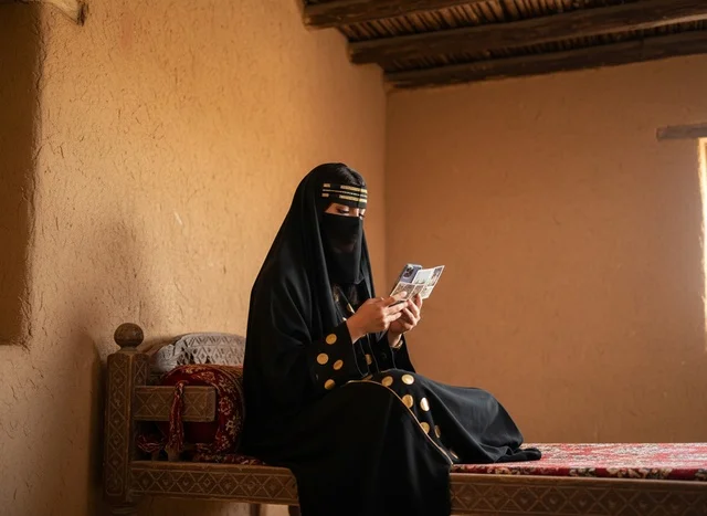 Emirati Woman in Traditional Burqa Inside Heritage House Emirati Woman in Traditional Burqa Inside Heritage House