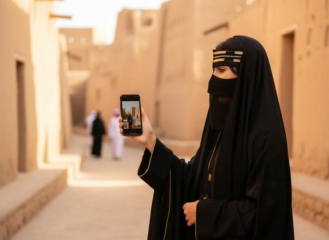 Saudi Woman in Traditional Dress at Heritage Mud Site