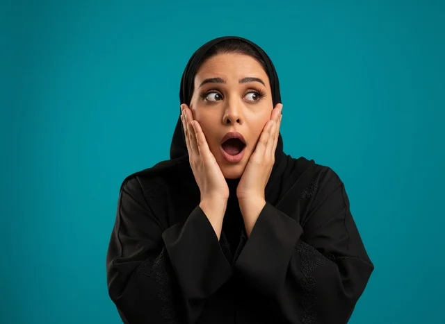 Shocked Saudi Woman in Black Abaya on Teal Background