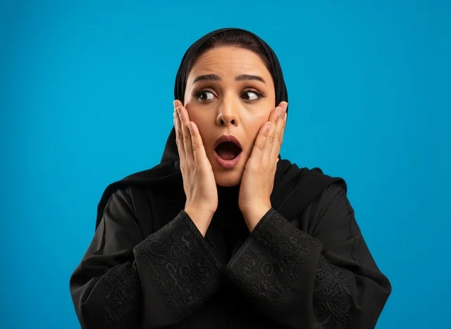 Shocked Saudi Woman in Black Abaya on Blue Background