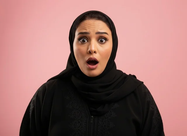 امرأة سعودية بالعباءة السوداء بتعبيرات مصدومة