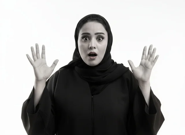 بورتريه لامرأة إماراتية مندهشة بالأبيض والأسود