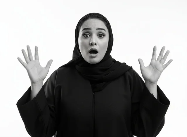 Shocked Saudi Woman in Abaya Black and White Portrait