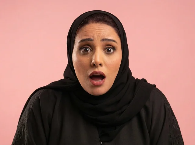 Shocked Saudi Woman in Black Abaya on Pink Background