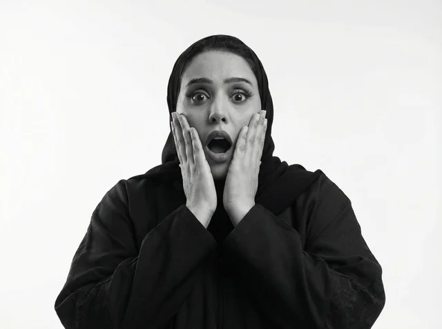 Shocked Saudi Woman in Black Abaya Portrait