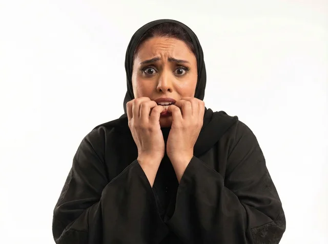 Anxious Saudi Woman in Abaya Biting Fingernails