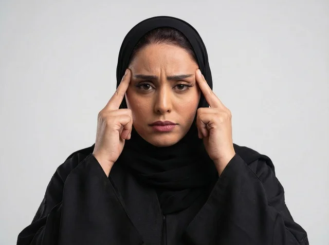 امرأة سعودية بالعباءة تعاني من الصداع في الاستوديو