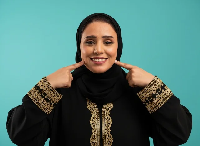 امرأة سعودية بالعباءة السوداء تبتسم بخلفية فيروزية