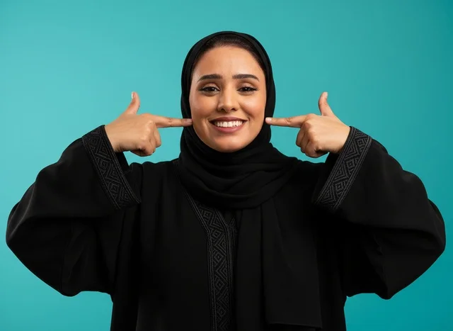 امرأة إماراتية تشير إلى ابتسامتها في الاستوديو