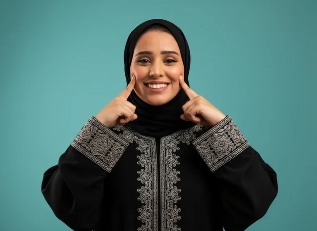 امرأة سعودية مبتسمة بعباءة سوداء على خلفية زرقاء