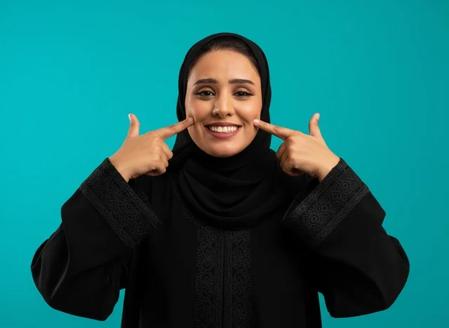 امرأة سعودية بالعباءة السوداء تبتسم على خلفية فيروزية