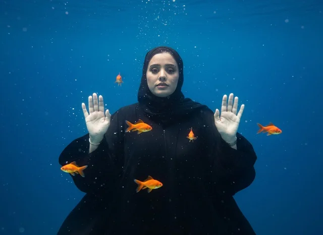 امرأة عربية بالعباءة تحت الماء مع أسماك ذهبية