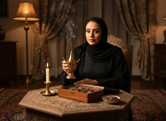 امرأة سعودية بالعباءة مع مبخرة ذهبية وخشب العود