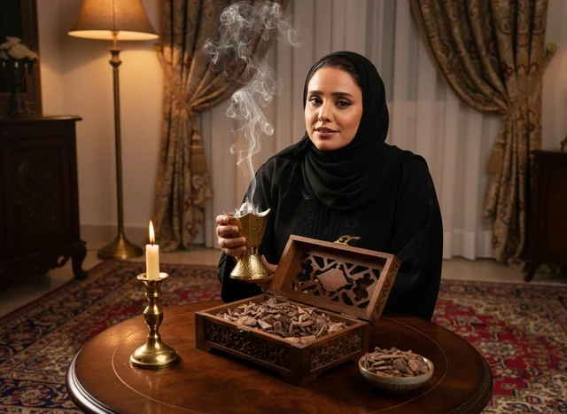 امرأة سعودية مع مبخرة بخور تقليدية وخشب العود