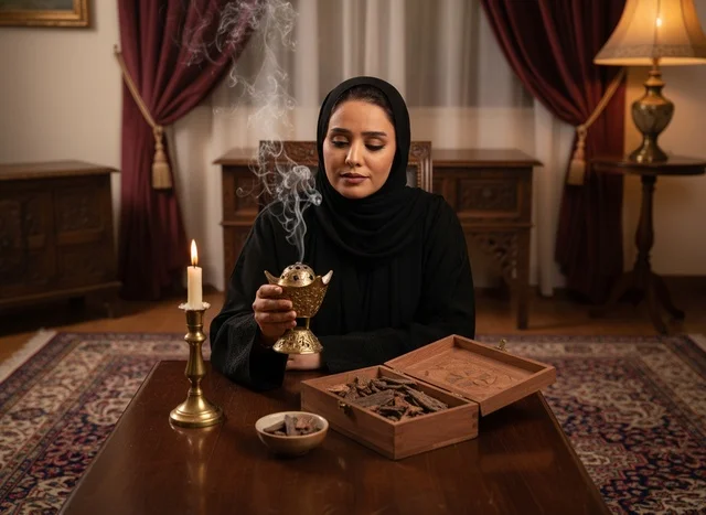 امرأة عربية مع مبخرة تقليدية وخشب العود