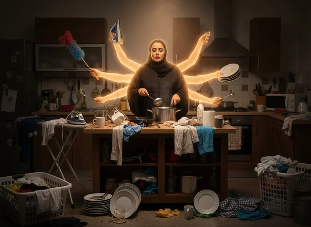امرأة عربية تقوم بمهام متعددة في مطبخ فوضوي
